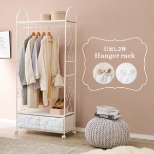 ハンガーラック 約幅75cm 引出し2杯 字フック キャスター付 スチール 組立品 コートハンガー ベッドルーム 代引不可