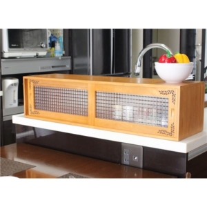 カウンター上収納 調味料入れ リーフ柄 上置き 引き戸 収納棚 両面開閉 木製 キッチン 台所 完成品