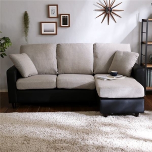 カウチソファー 約幅176cm ベージュ クッション 取り外し式木製脚付き 合革 リビング ダイニング 組立品 代引不可