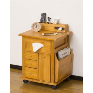すっ桐 ナイトワゴン/サイドテーブル 奥行38cm 木製 二口コンセント/キャスター付き 完成品
