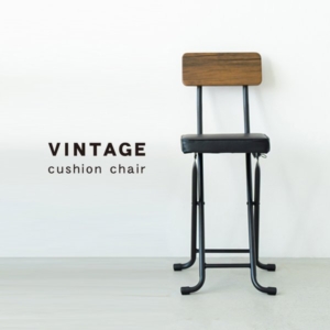 6脚セット ヴィンテージクッションチェア(/黒) 折りたたみ椅子 カウンターチェア スチール イス 背もたれ付 スリム キッチン パイプイス モダン レトロ カフェ 木目 木 完成品 NK-031