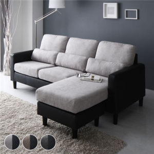 カウチ ソファー セット +オットマン ライトグレー コンパクト カバーリング ローソファー