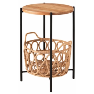 サイドテーブル バスケット付き 天板取り外し可能 天然木 ミンディ ラタン スチール リビング 完成品