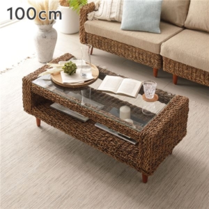 ローテーブル 約幅100cm 強化ガラス天板 脚付き 棚付き 自然素材 アバカ テーブル 脚部組立式 インテリア家具 代引不可