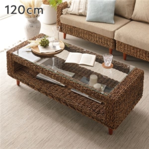 ローテーブル 強化ガラス天板 脚付き 棚付き 自然素材 アバカ テーブル 脚部組立式 インテリア家具 代引不可