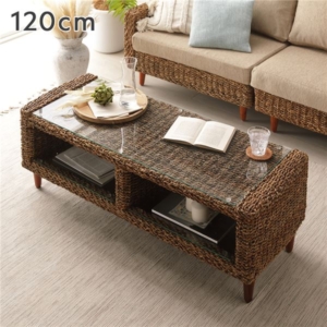 ローテーブル テレビ台 兼用 強化ガラス天板 脚付き 棚付き 自然素材 アバカ テーブル 脚部組立式 インテリア家具 代引不可