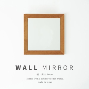 2枚セット 幅広枠正方形ウォールミラー（50）（ハニー／茶） 天然木 姿見鏡 ワイド 高級感 木製 飛散防止加工 壁掛け 北欧風 ヴィンテージ 韓国インテリア 玄関 トイレ 洗面 日本製 業務用 完成品 NK-31