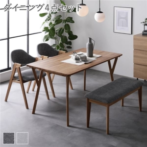 ダイニング 4点 セット テーブル + チェア2脚 + ベンチ 天然木 食卓 ダイニングチェア 組立品