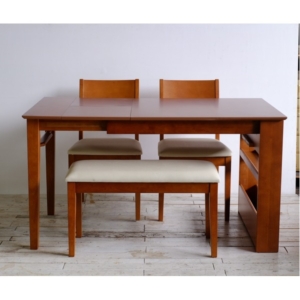 伸長式 ダイニングセット 4点セット テーブル 1 チェア 2脚 ベンチ 1 シェルフラック付き 組立式 代引不可