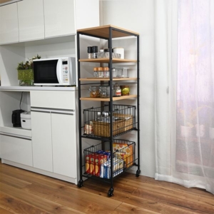 大容量 収納ラック 棚板3枚 ＋ バスケット ２段 キャスター付き スリム キッチン収納 収納ワゴン 組立式