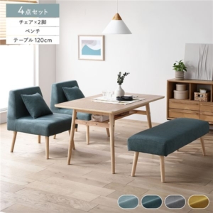 北欧 ソファ ダイニング 4点セット テーブル+チェア2脚+ベンチ シー 棚付 ダイニングテーブル ダイニングチェア