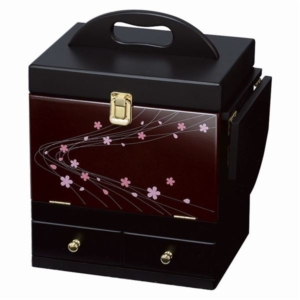 コスメボックス メイクボックス 蒔絵調 えんじ 持ち手 引き出し ミニテーブル 三面鏡付き ベッドルーム リビング 代引不可