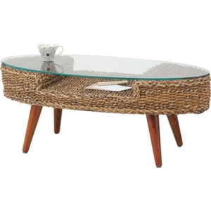 ローテーブル センターテーブル 楕円形 オーバル型 木製 棚付き 強化ガラステーブル アジアン家具 クラール リビング