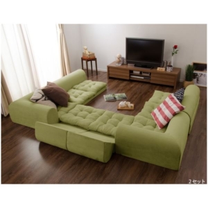 フロアソファー 3点セット スエード生地 高さ33cm 2人掛け コーナー付き 日本製 KSA-337GRN 代引不可