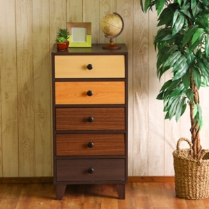 スリムチェスト タンス カラフル 引き出し5杯 木製 脚付き 取っ手 ウッドグラデーション リビング ベッドルーム 代引不可