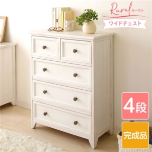 チェスト 収納棚 4段 シャビー 木製 桐製 薄型 軽量 Rural ルーラル ワイドチェスト 完成品 リビング 代引不可