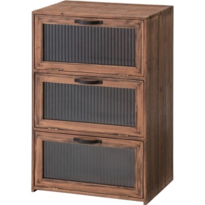 収納棚 リビング収納 3段 木製 杉 波板ガラス戸 フラップチェスト Toreno トレノ 完成品 リビング ダイニング