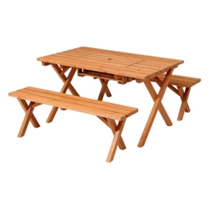 ガーデンテーブル ガーデンベンチ セット mm 木製 パラソルホール コンロスペース付き BBQテーブル ベンチセット 代引不可