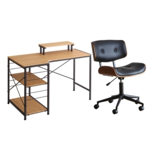 デスクチェア 2点セット パソコンデスク シャビーオーク オフィスチェア 2脚 合皮 キャスター付き リビング 代引不可