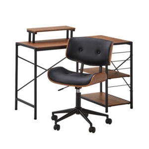 デスクチェア 2点セット パソコンデスク ウォールナット オフィスチェア 2脚 合皮 キャスター付き リビング 代引不可