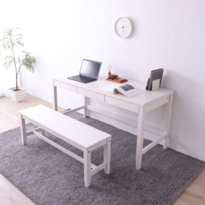 天然木 デスクセット デスク 奥行60cm+ベンチ 引き出し付き おしゃれ 北欧風 パソコンデスク 机 PCデスク 組立品