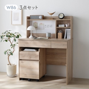 シンプル デスク 3点セット パソコンデスク ＋ デスクワゴン ＋ 卓上シェルフ オーク リビング 子供部屋